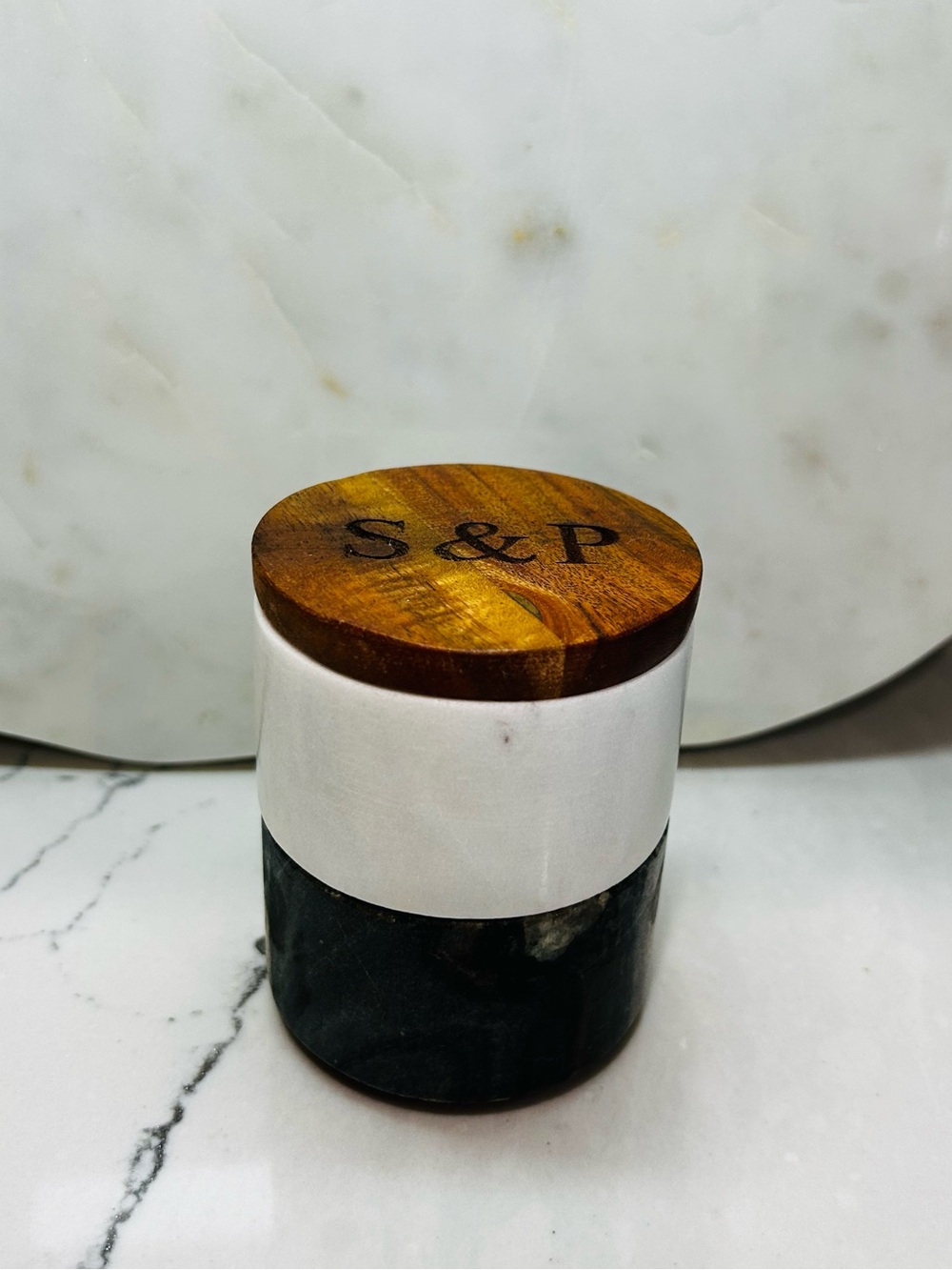 S&P Marble & Wood Salt and Pepper Shaker - Black and White